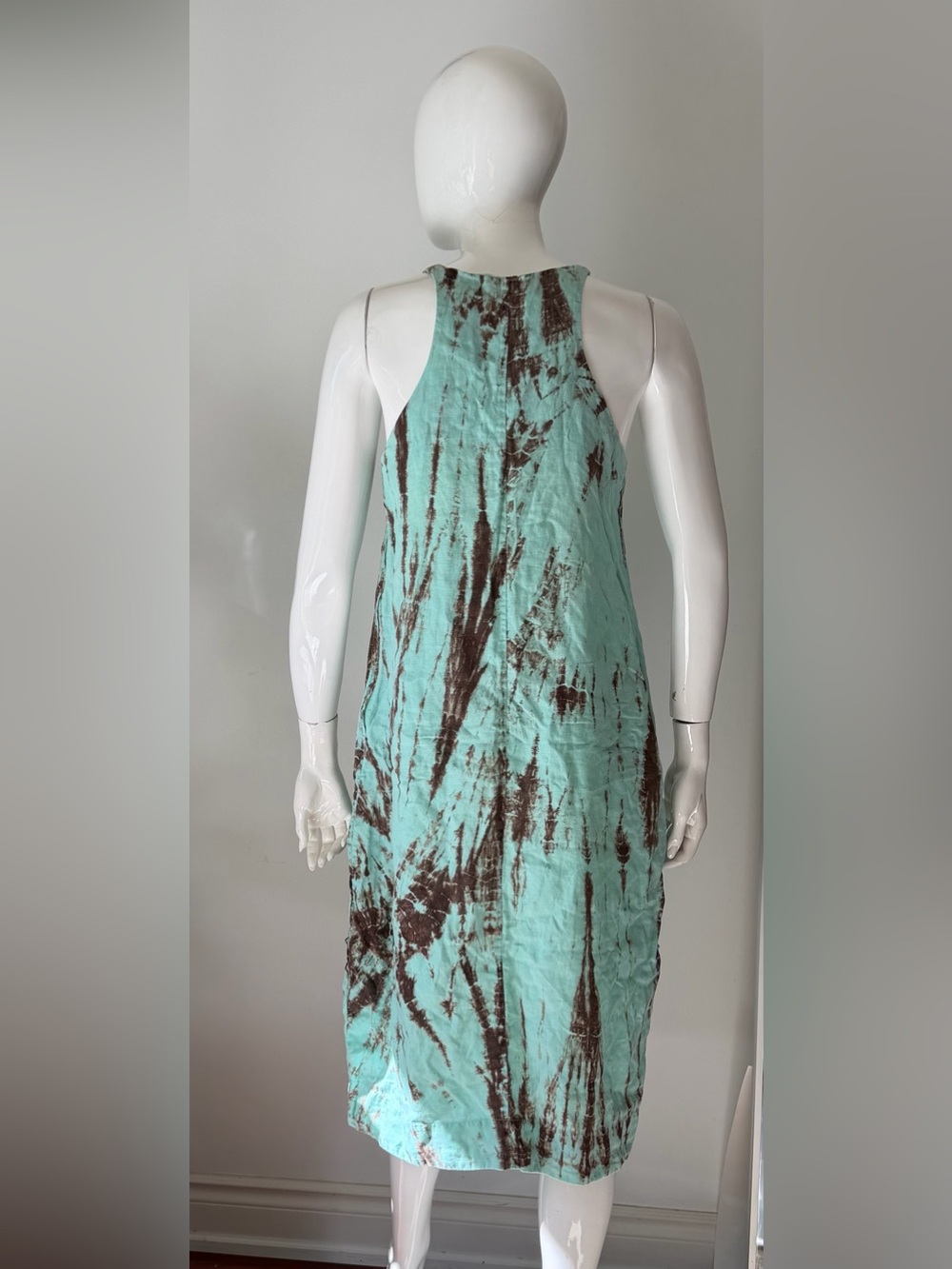 Linen Tie-Dye Midi Dress Aqua Brown Boho Racerback Sleeveless Pocket Dress - Picture 8 of 8